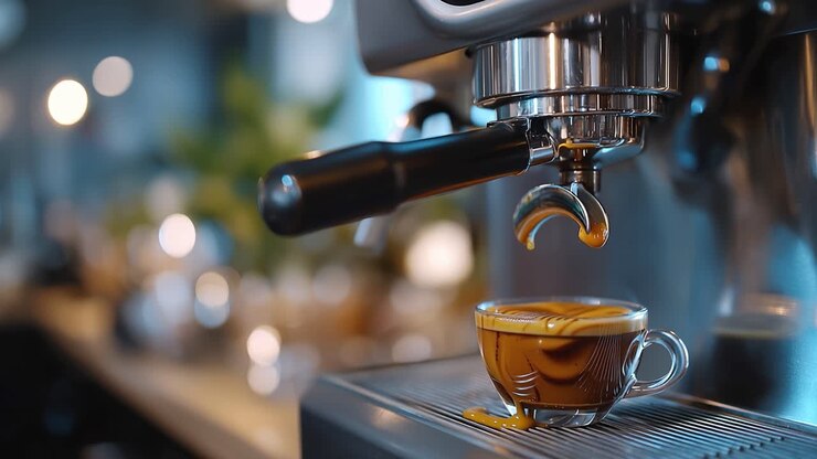 Rich espresso pours into a clear cup. Steam rises gently from the coffee's surface. Barista's hands rest nearby, ready to serve. Warm lighting highlights the espresso's texture