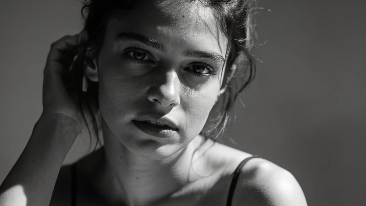 Modella che posa inclinando la testa, sistemandosi i capelli, toccandosi il collo in studio con la fotocamera che inquadra spalline sottili