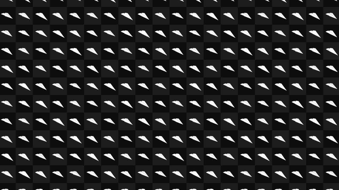 Handmade paper plane collection. Loop animation of flowing white paper plane on black background. Business connection concept. Origami airplane flying.