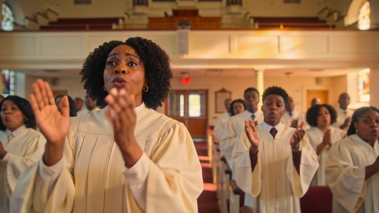 Opening hymn starting lead singer in cream robes singing and clapping in church with wooden pews