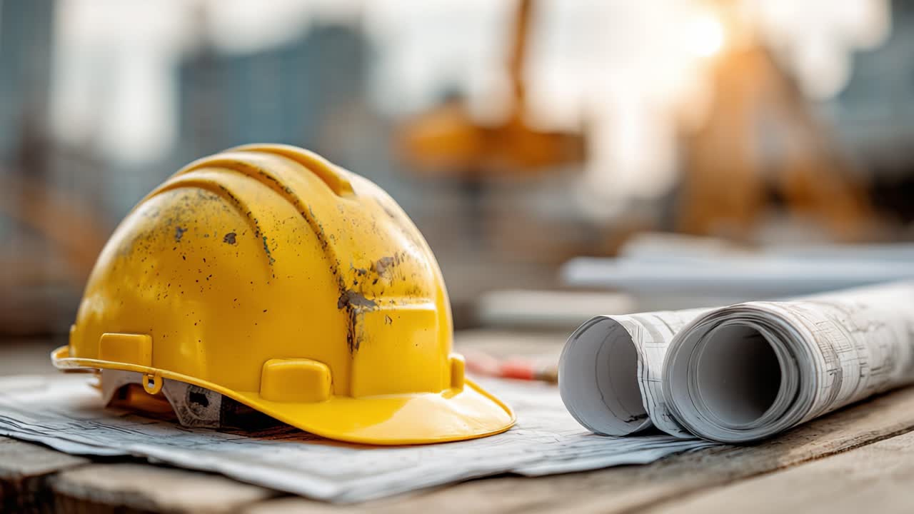 Close-Up of a Yellow Construction Helmet and Architectural Blueprints on a Wooden Table with a Blurred Construction Site Background