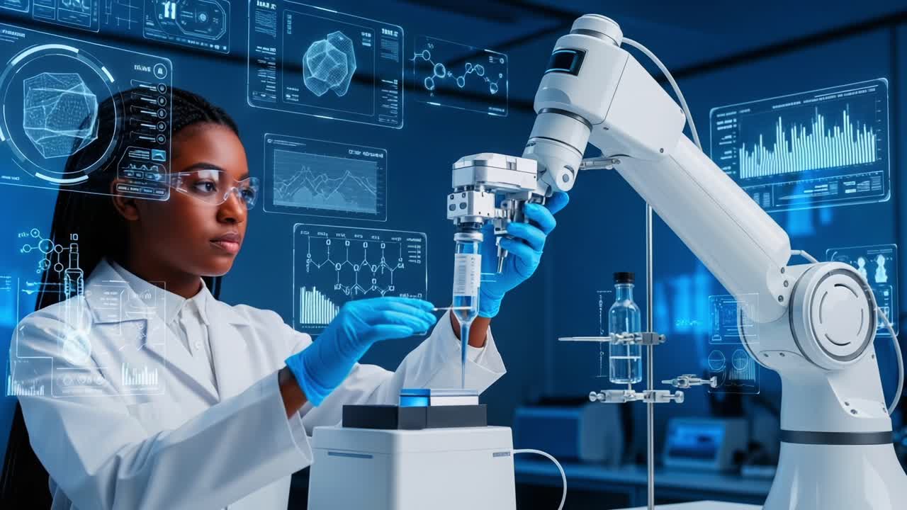 Advanced Robotics in Laboratory: A Researcher Operates a Cutting-Edge Robotic Arm for Precise Analysis in a High-Tech Scientific Environment