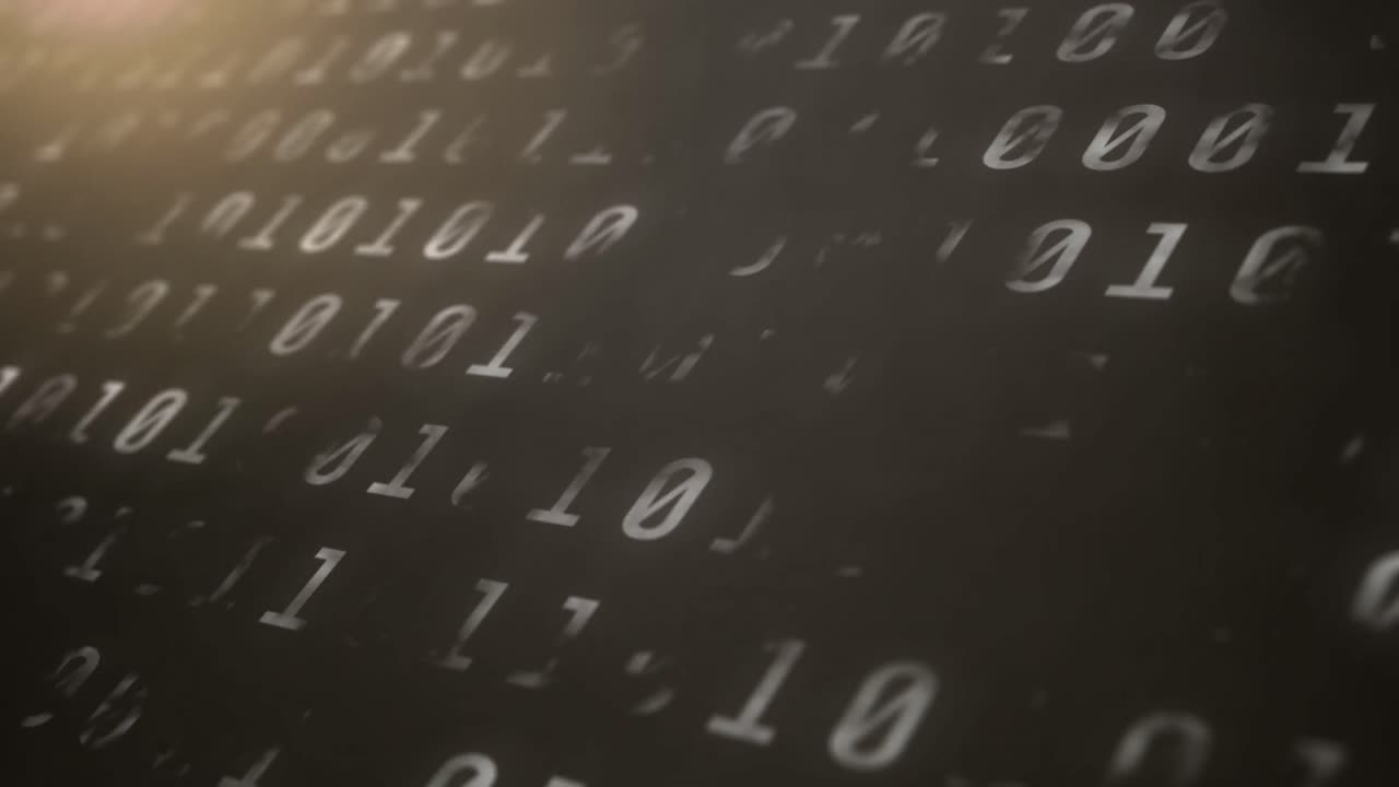 animación digital del procesamiento de datos de codificación binaria contra puntos de luz en un fondo gris