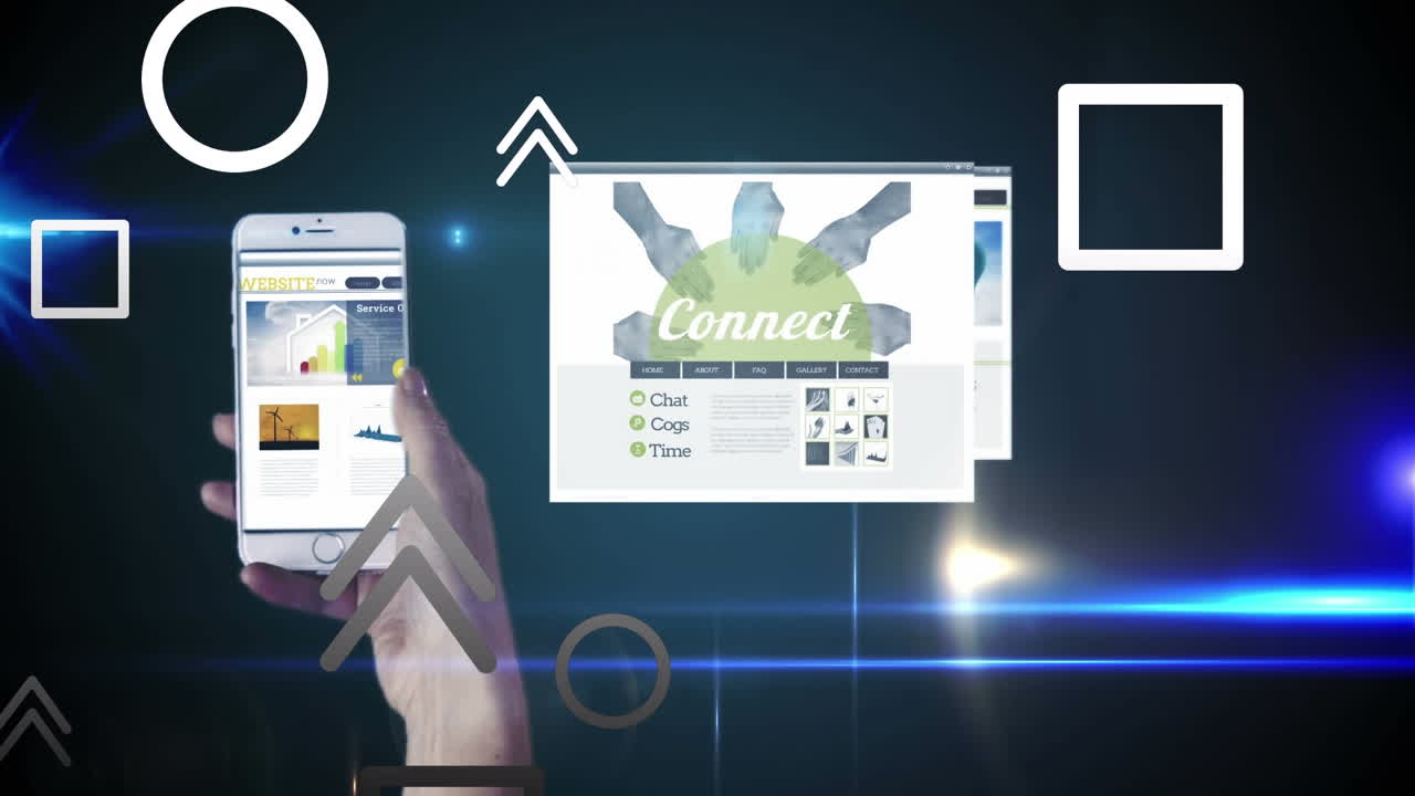 animación de la mano con el teléfono inteligente sobre pantallas digitales.