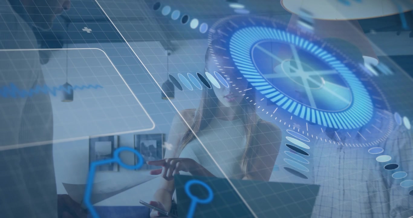 Teenage girl tapping phone and swiping in home office, showing rotating holographic tech interface