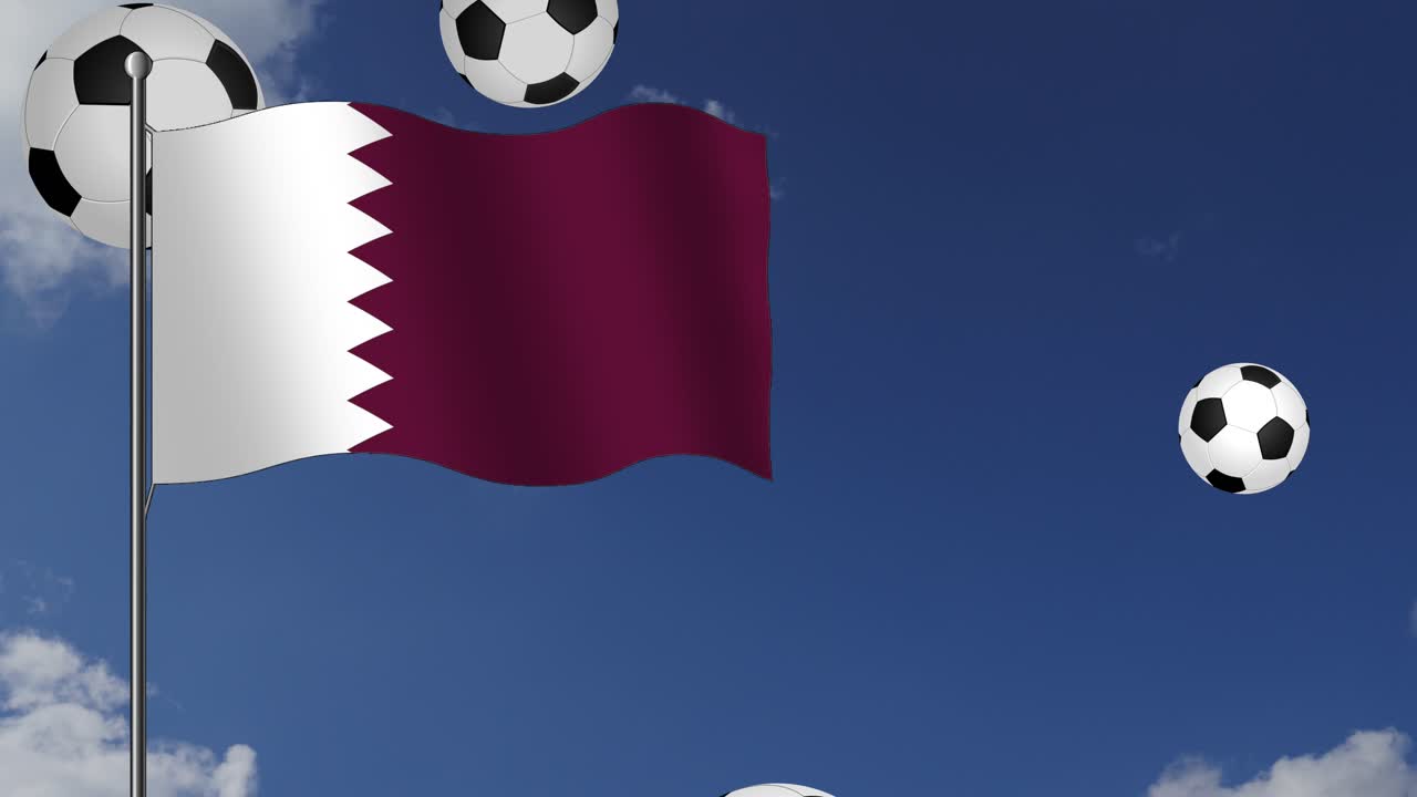 Coppa del Mondo FIFA 2022 in Qatar, presentata con una bandiera animata del Qatar contro un cielo blu e palloni da calcio che cadono