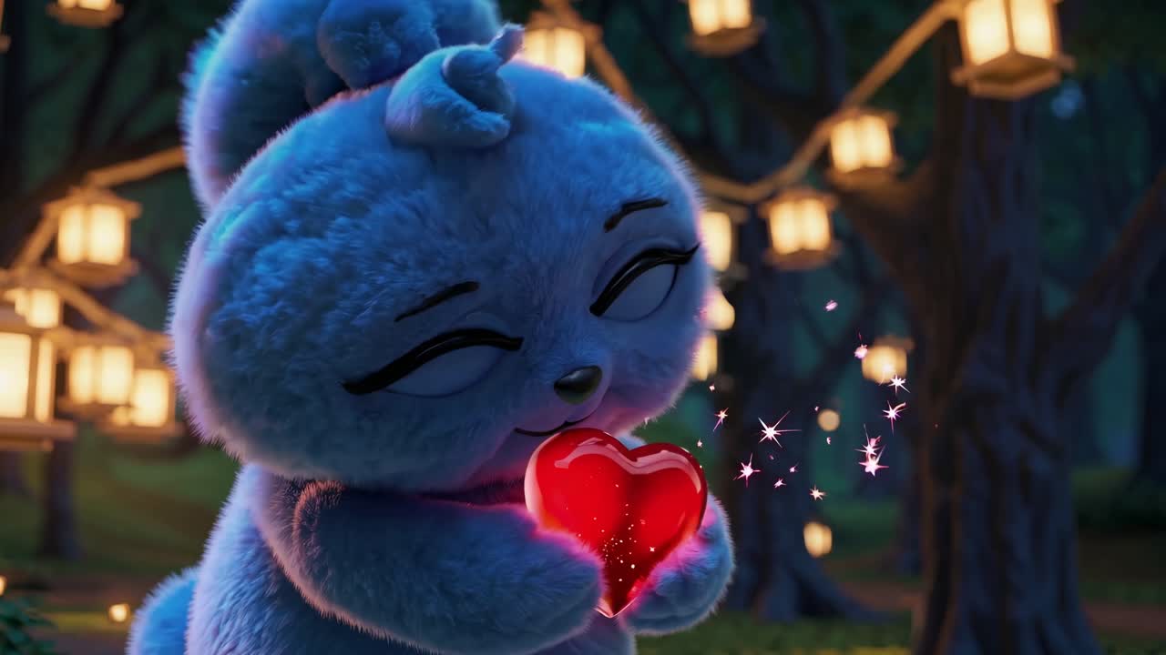 파란색 은 캐릭터는 부드럽게 반이는 은 심장을 들고, 마법의 밤 숲에서 따뜻하고 반이는 요정 불빛으로 둘러싸여 마법의 사랑과 부드러운 애정을 표현합니다.