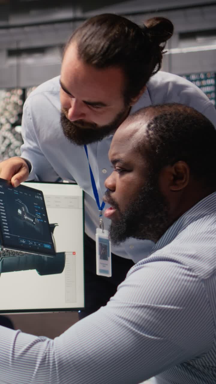 Team of engineers using CAD app to make wind turbine more sustainable