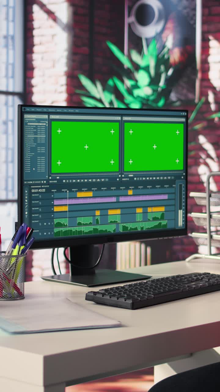 Vertical Video Female video creator working on editing a movie with green screen,