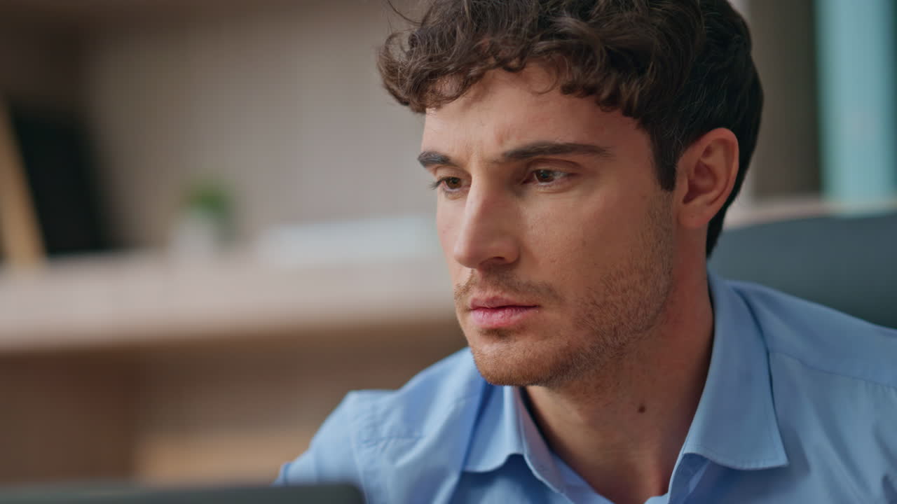 Overjoyed guy receive email in office closeup. Excited manager celebrate success