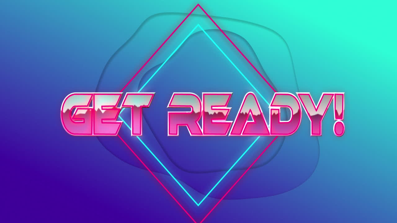 Animation of get ready text in pink metallic, over neon diamonds and water on blue background