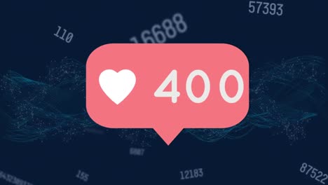 icono del corazón con números crecientes sobre burbuja de habla contra ondas digitales y números cambiantes