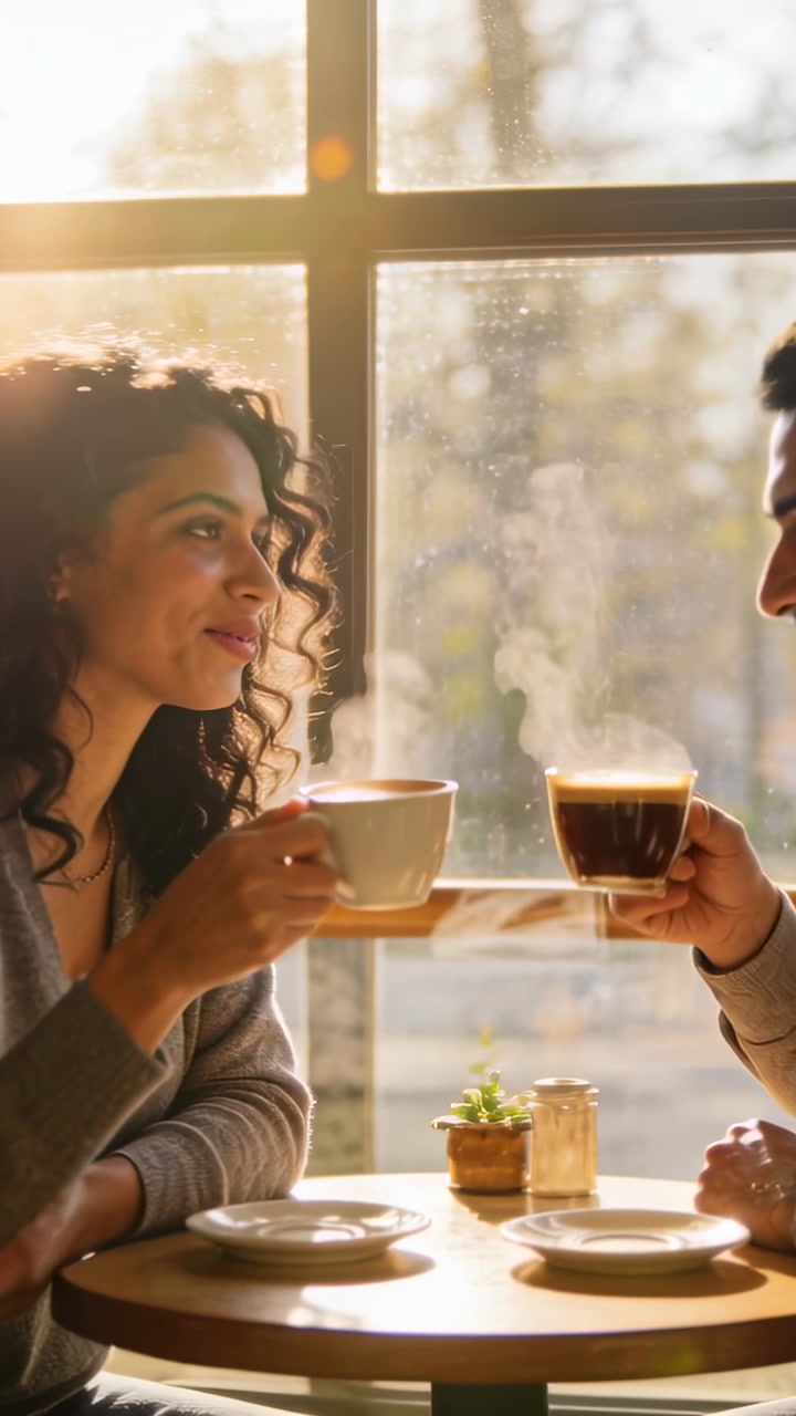 Vertical video: Lifting mugs couple in knits clinking cups, sharing toast, sipping coffee by window