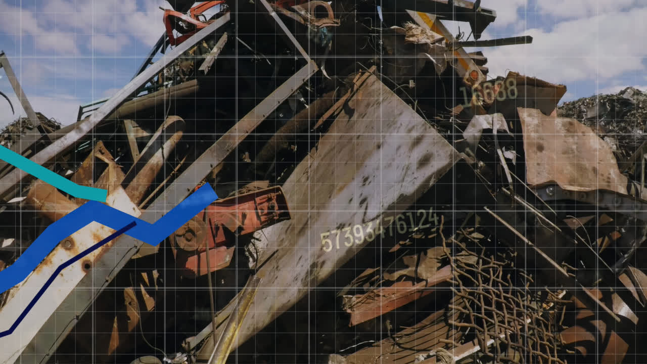 Animation of stock market data processing against hydraulic lifting machine operating at junkyard