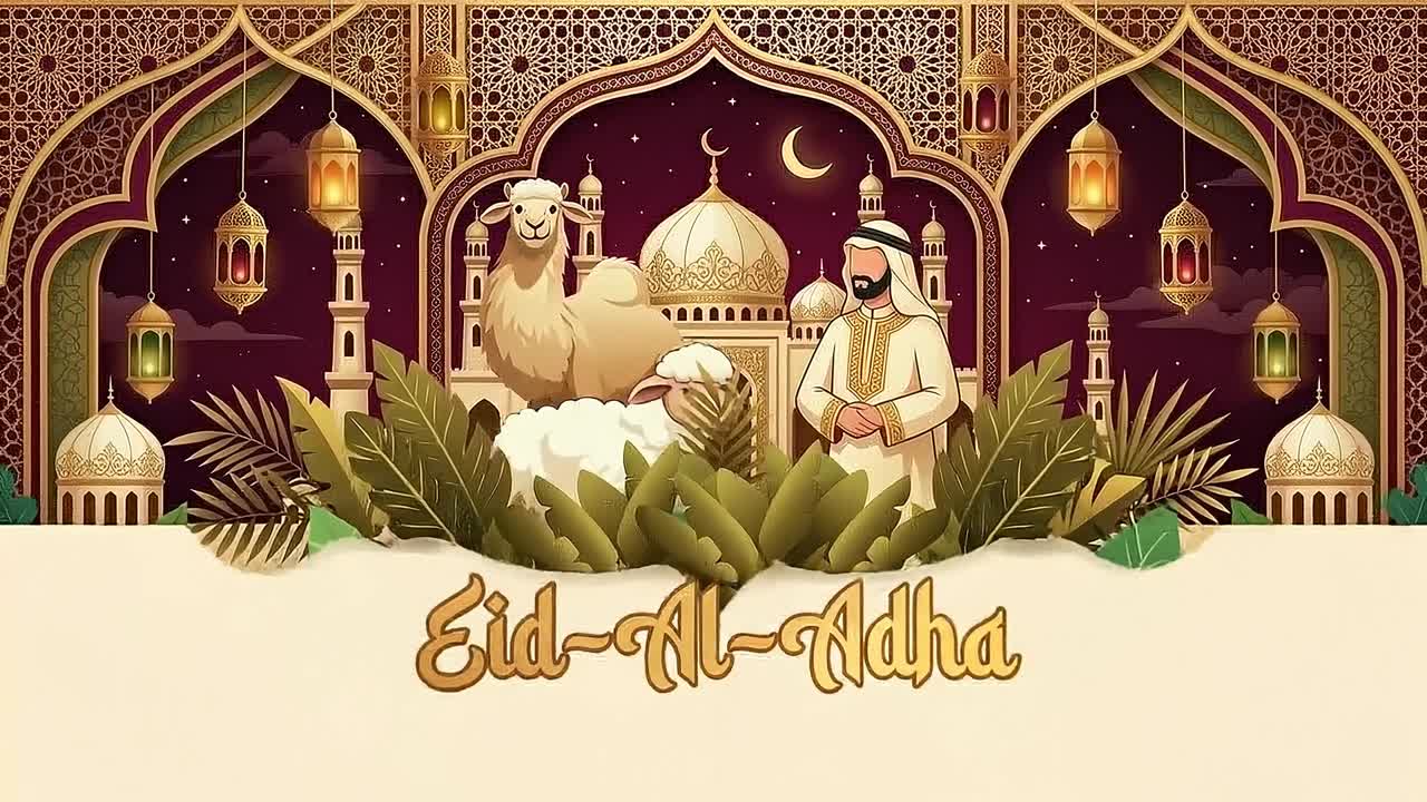 Banner animato di auguri Eid al-Adha con cammello, pecora e uomo accanto a una moschea illuminata sotto la luna crescente su sfondo decorativo