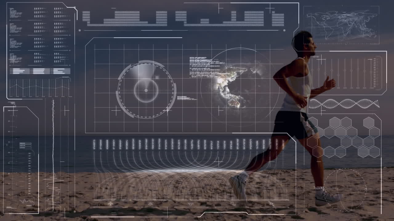 해변에서 달리는 적합한 사람에 대한 데이터 처리 애니메이션