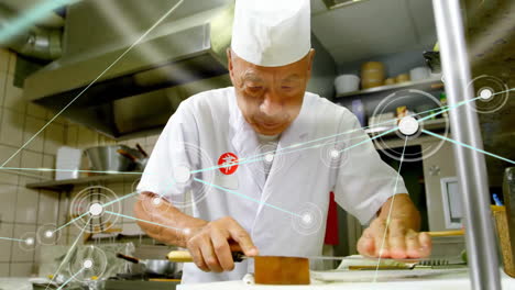 animación de la red de conexiones sobre el chef asiático haciendo sushi