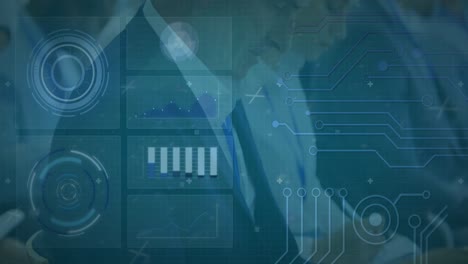 animation of data processing on digital screen over caucasian businesspeople during presentation
