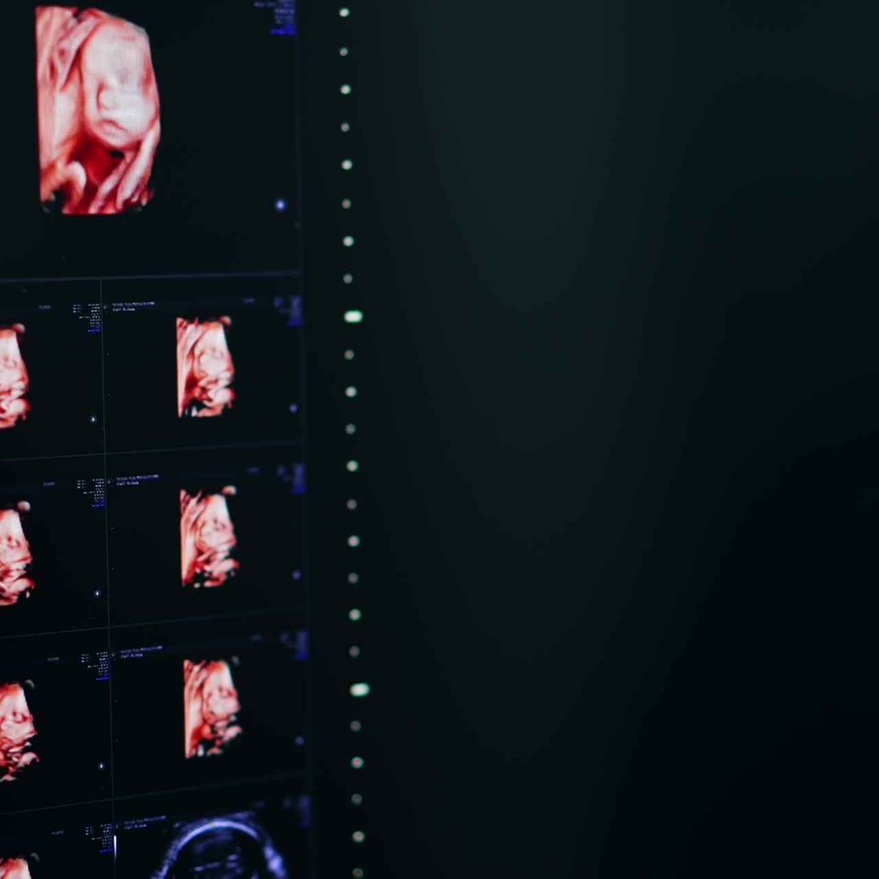 Black monitor with pictures of diverse angles of prenatal shots of a baby. Close up. Ultrasound for pregnancy diagnostics in modern clinics