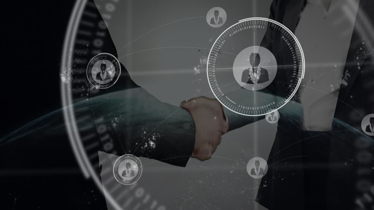 Animation of network of connections with icons over midsection of businesspeople shaking hands