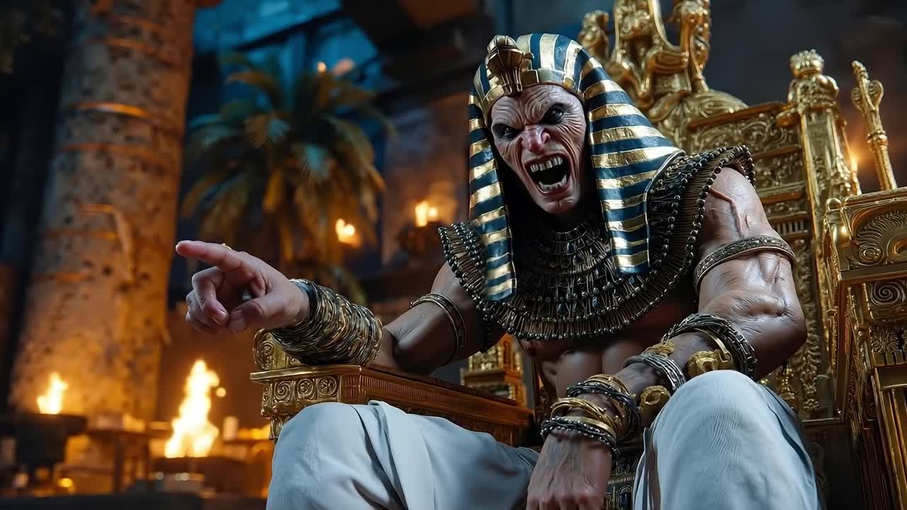 A statue of an egyptian pharaoh sitting on a throne in front of a fire