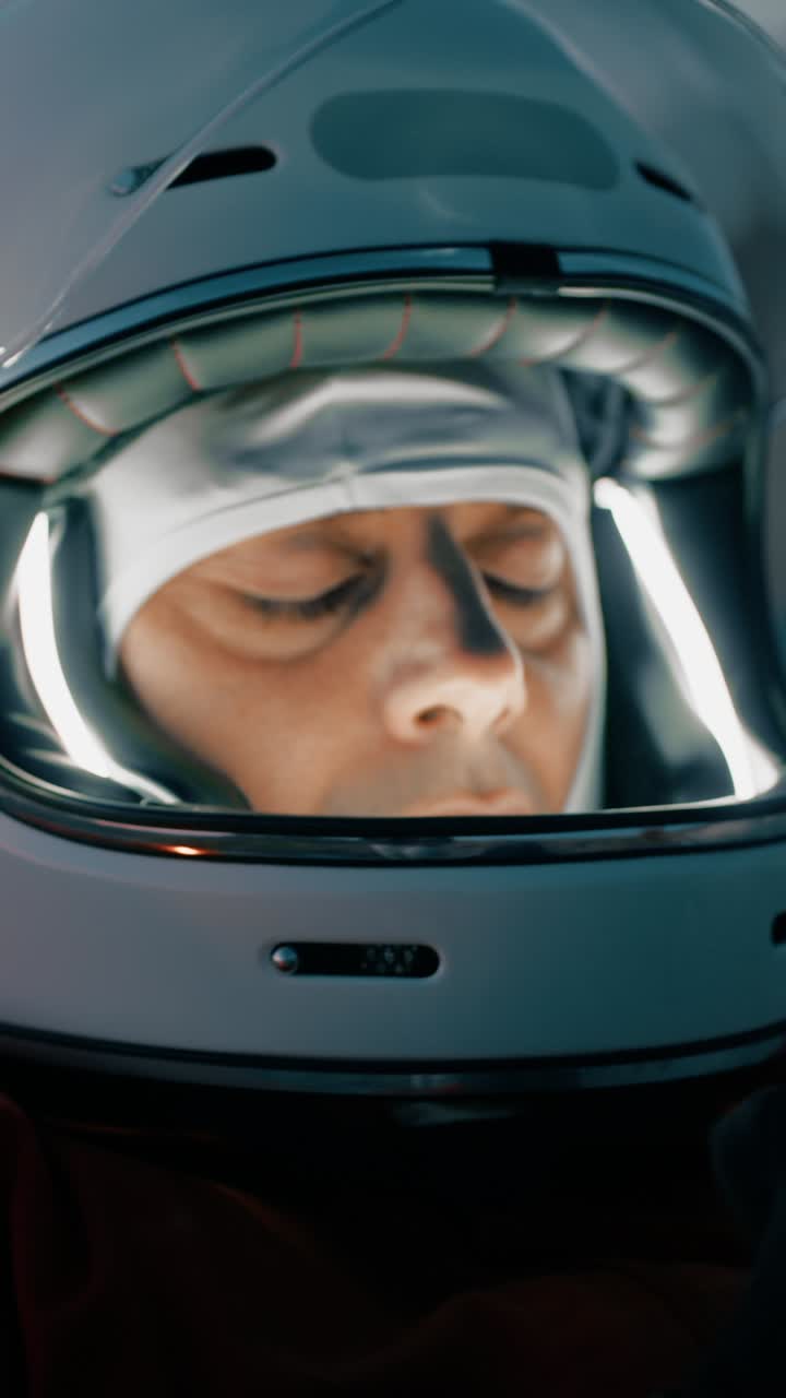 Astronaut With Helmet Prepares For Cold Night In Uninhabited Planet