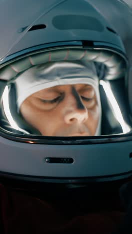 astronaut with helmet prepares for cold night in uninhabited planet