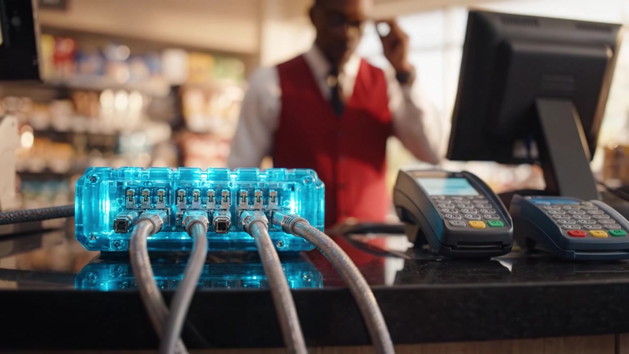 High-Tech-Konnektivitätshub auf einer Ladentheke für verbesserte digitale Transaktionen und ein optimiertes Kundenerlebnis in einem modernen Ladenumfeld.