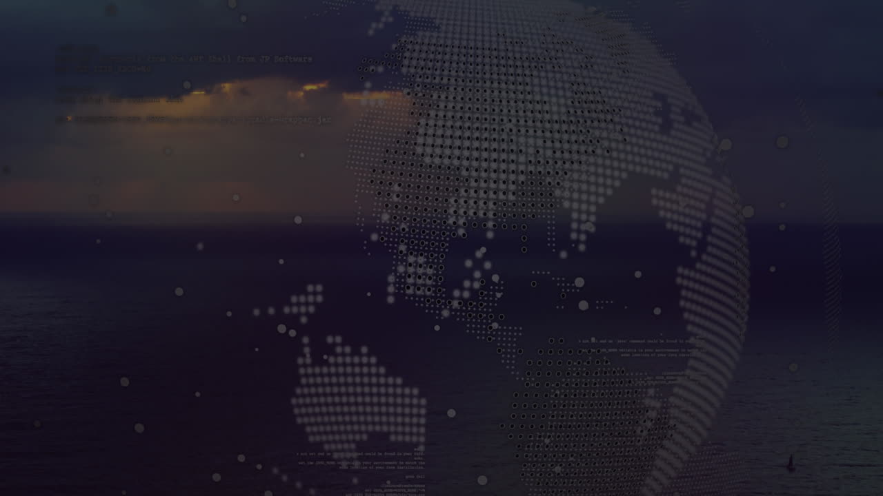 Animation of globe and financial data processing over cityscape