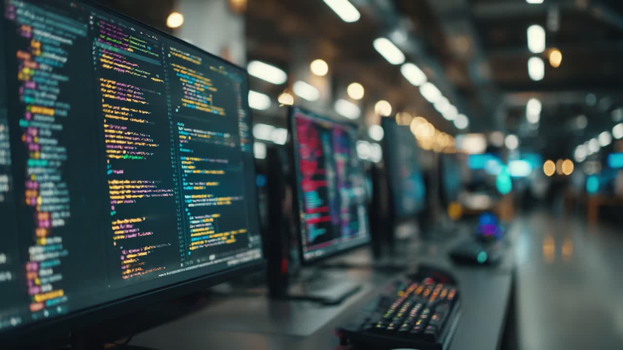 A Modern Workspace Filled with Computers Displaying Code - An Engaging Environment for Developers and Programmers to Collaborate Efficiently on Complex Software Projects