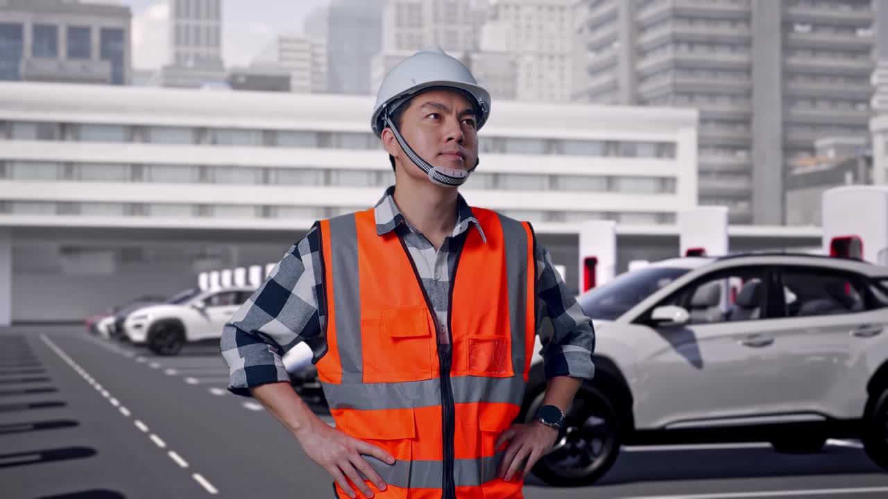 Asian Male Engineer Wearing Safety Helmet Looking Around While Standing With Arms Akimbo, Electric Vehicles Charging at Modern City Station