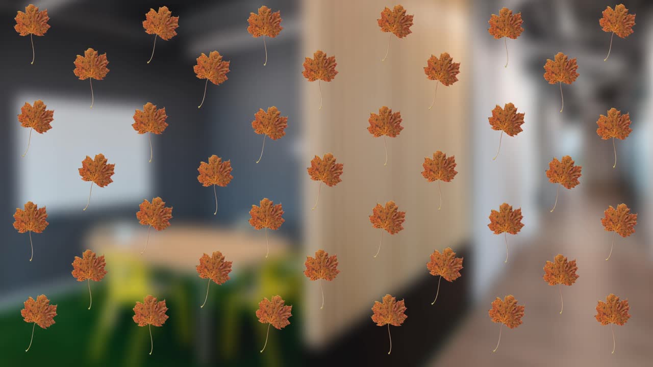 animación de hojas de otoño moviéndose sobre un restaurante borroso