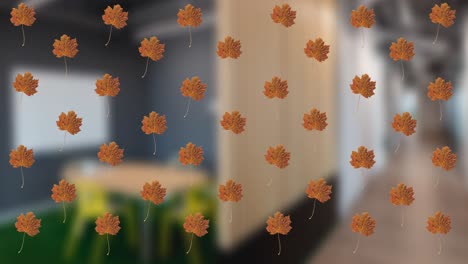animación de hojas de otoño moviéndose sobre un restaurante borroso