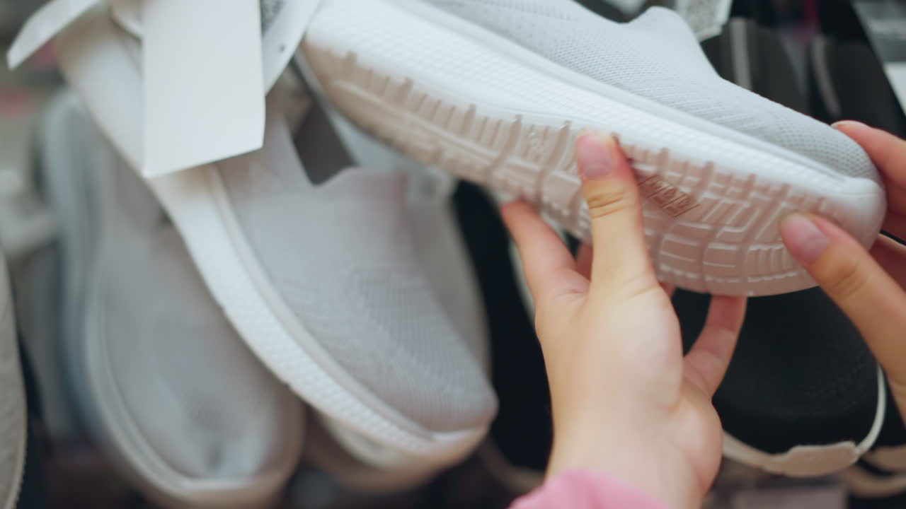 신발 가게에서 분홍색 드레스를 입은 여자의 손으로 두 손으로 재색 스니커의 텍스처 솔을 면밀히 조사합니다.