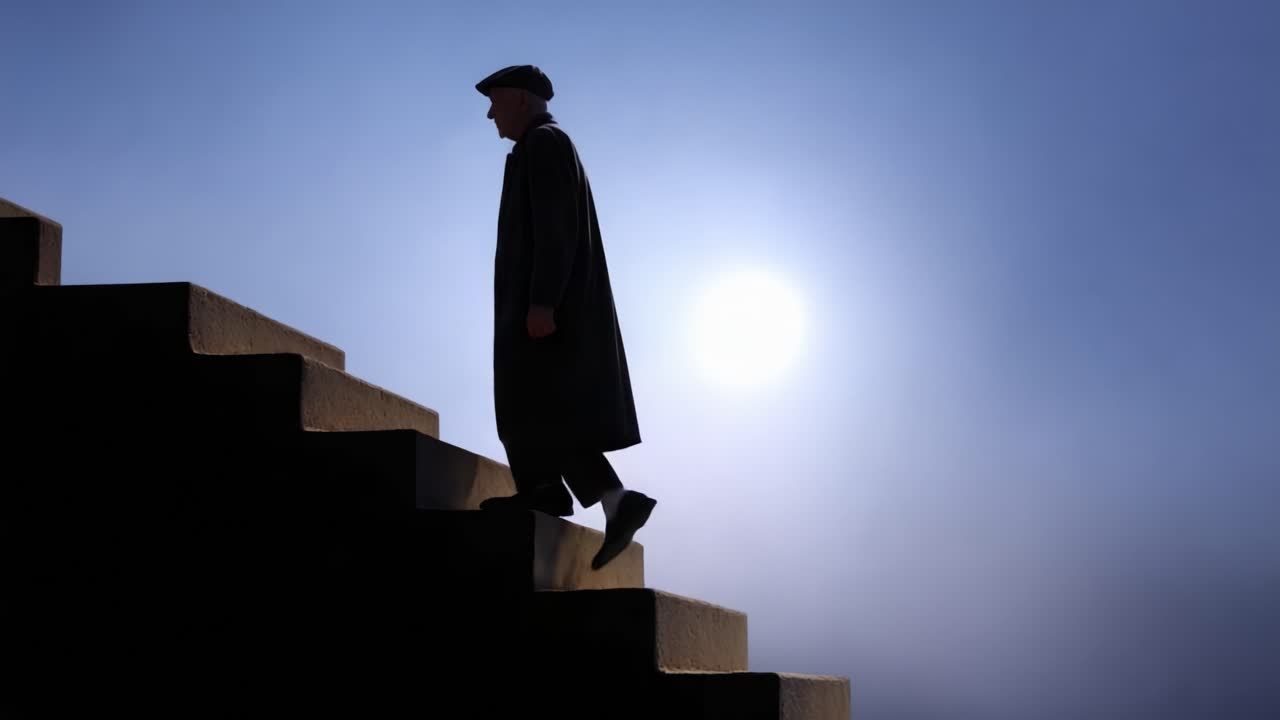 A silhouette of a person ascending a staircase against a serene backdrop of a rising sun, symbolizing progress, determination, and the journey of life