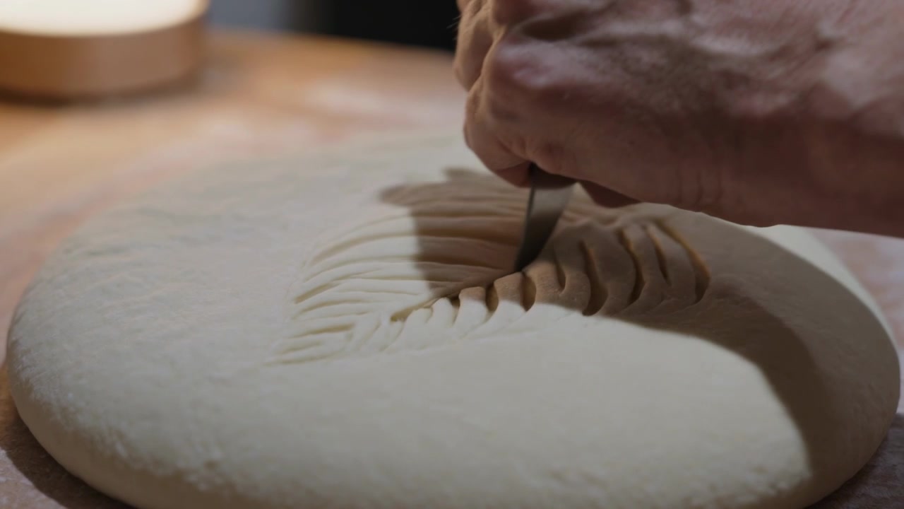 Raising blade baker scoring proofed loaf, creating leaf pattern for vent on bench, sleeves rolled