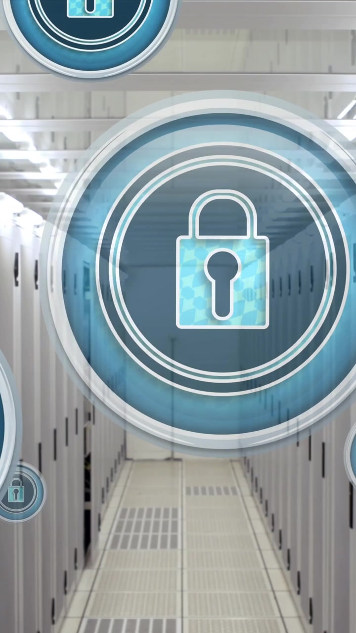 Animazione di icone di lucchetti di sicurezza online sopra server di computer.
