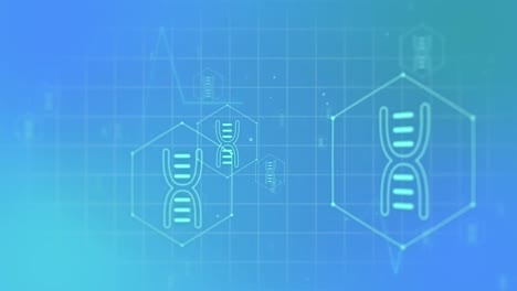 Animation-of-medical-dna-icons-and-data-processing-over-grid-on-blue-background