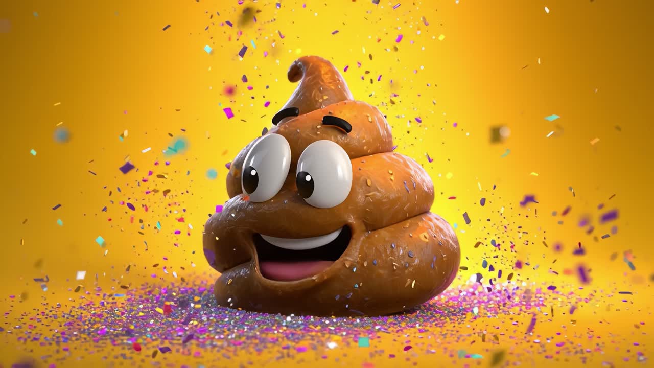 A Fun and Playful Celebration Featuring an Animated Poop Emoji Surrounded by Colorful Confetti on a Vibrant Yellow Background, Exuding Joy and Whimsy