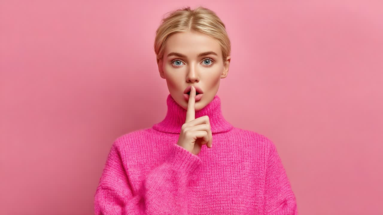 A woman poses in a pink sweater against a soft pink background, creating a serene yet engaging atmosphere, conveying a sense of mystery and intrigue with her enticing expression