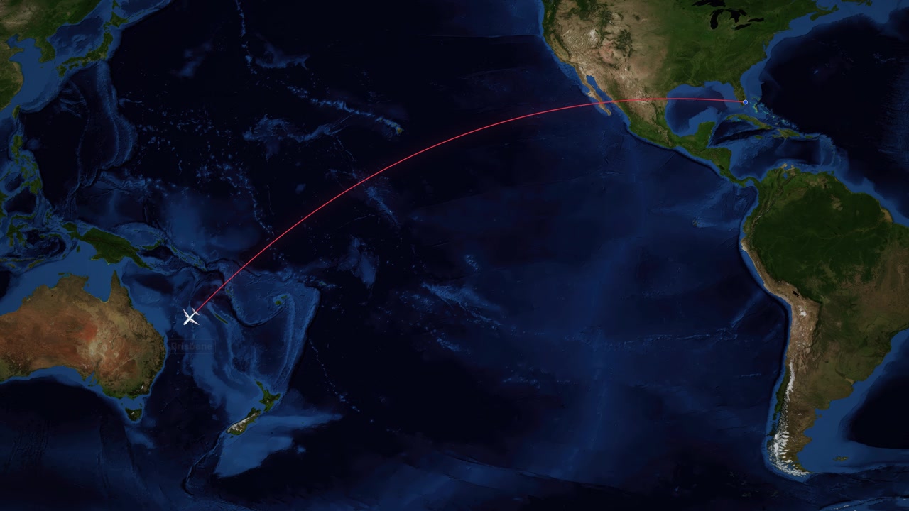 A red line tracks an airplane flying from Miami to Brisbane on a world map