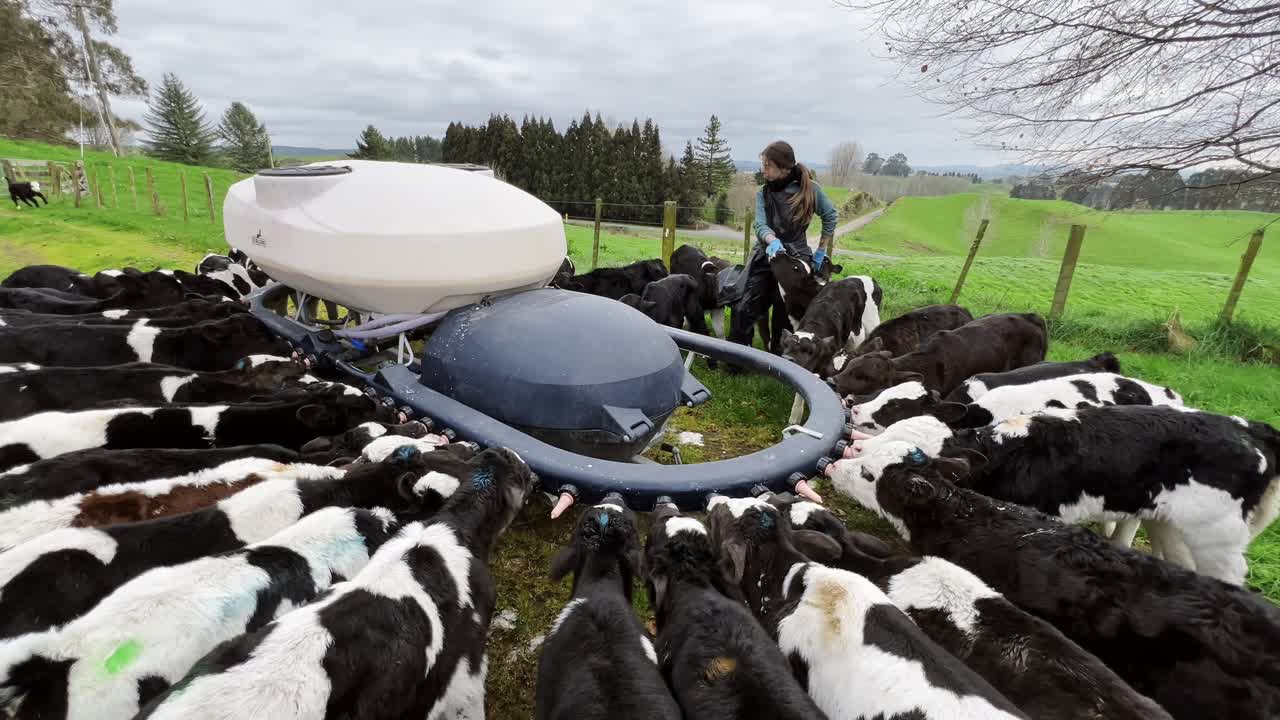 Farmer feeding a group of young cattle with an automated feeding system on a lush New Zealand farm, concept of modern agriculture, livestock care, and sustainable farming practices.