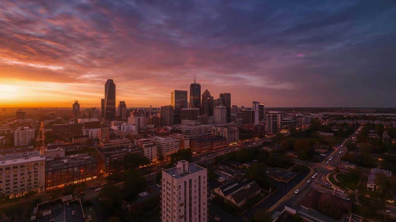 Gliding drone camera revealing downtown skyline, prompted by sun nearing horizon, showing traffic