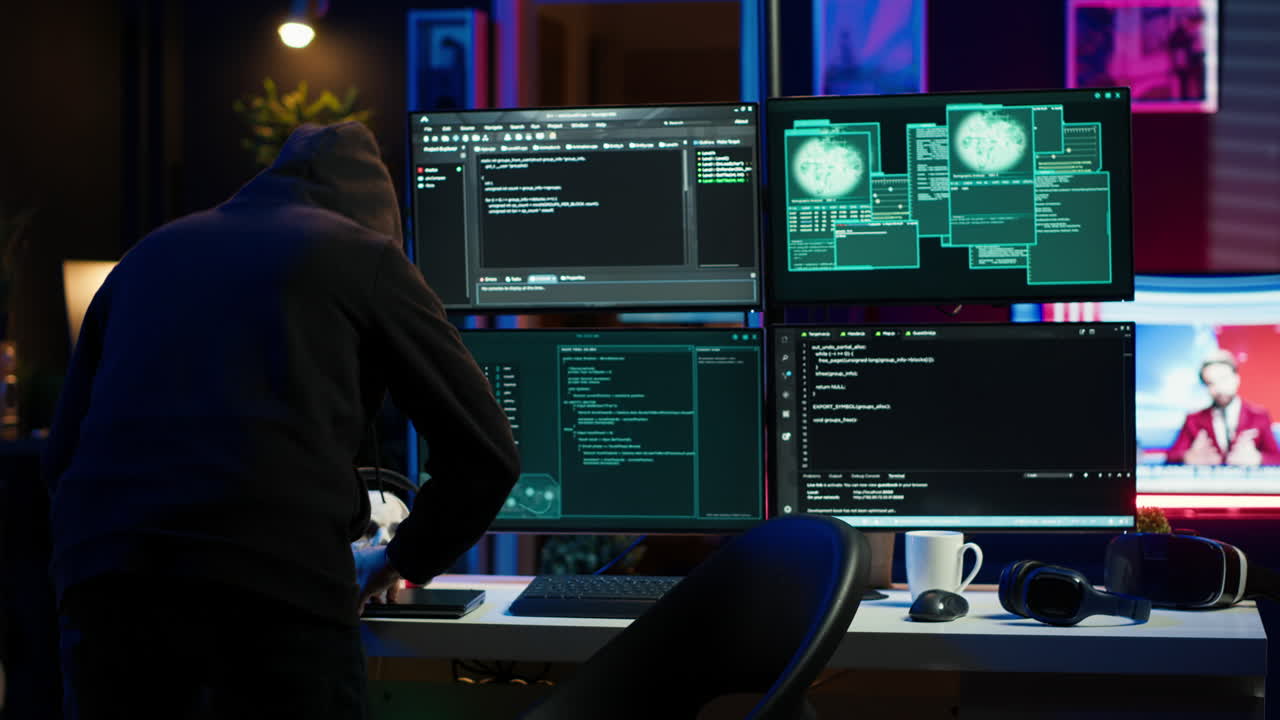 Hacker arriving in hidden underground shelter, prepared to launch DDoS attack