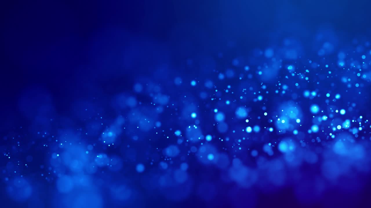 Particelle blu luminose magiche scorrono in un liquido viscoso e brillano intensamente. Fantascienza. Sfondo sci-fi 3D 4K con particelle scintillanti, profondità di campo e bokeh. Luma matte come canale alfa. 12