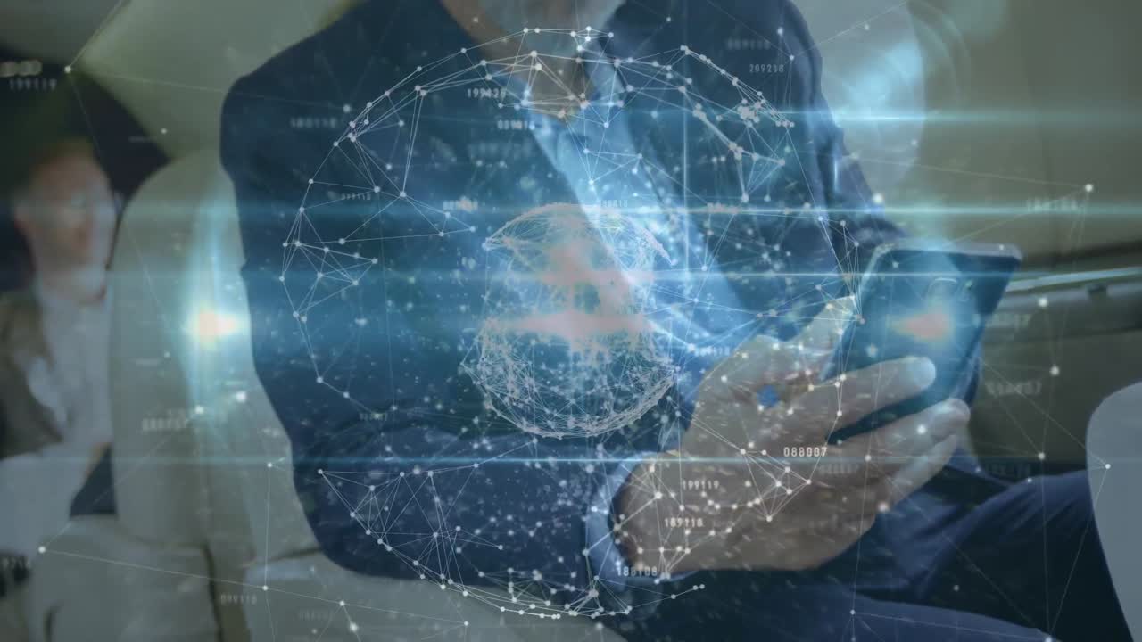 animación de la red de conexiones a través de empresarios que usan teléfonos inteligentes en el aeropuerto