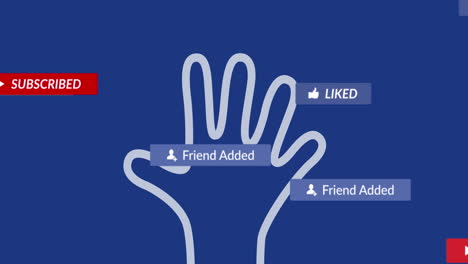 animación de la mano y las reacciones de las redes sociales sobre un fondo azul