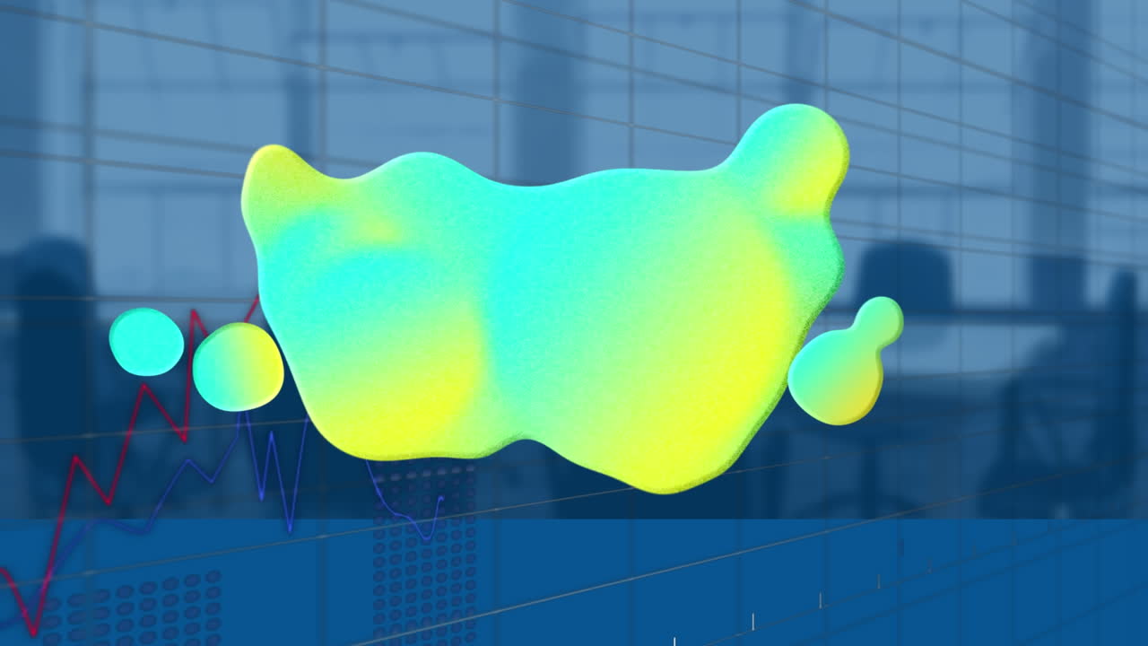 빛나는  ⁇ 어리의 애니메이션과 빈 사무실 위의 데이터 처리