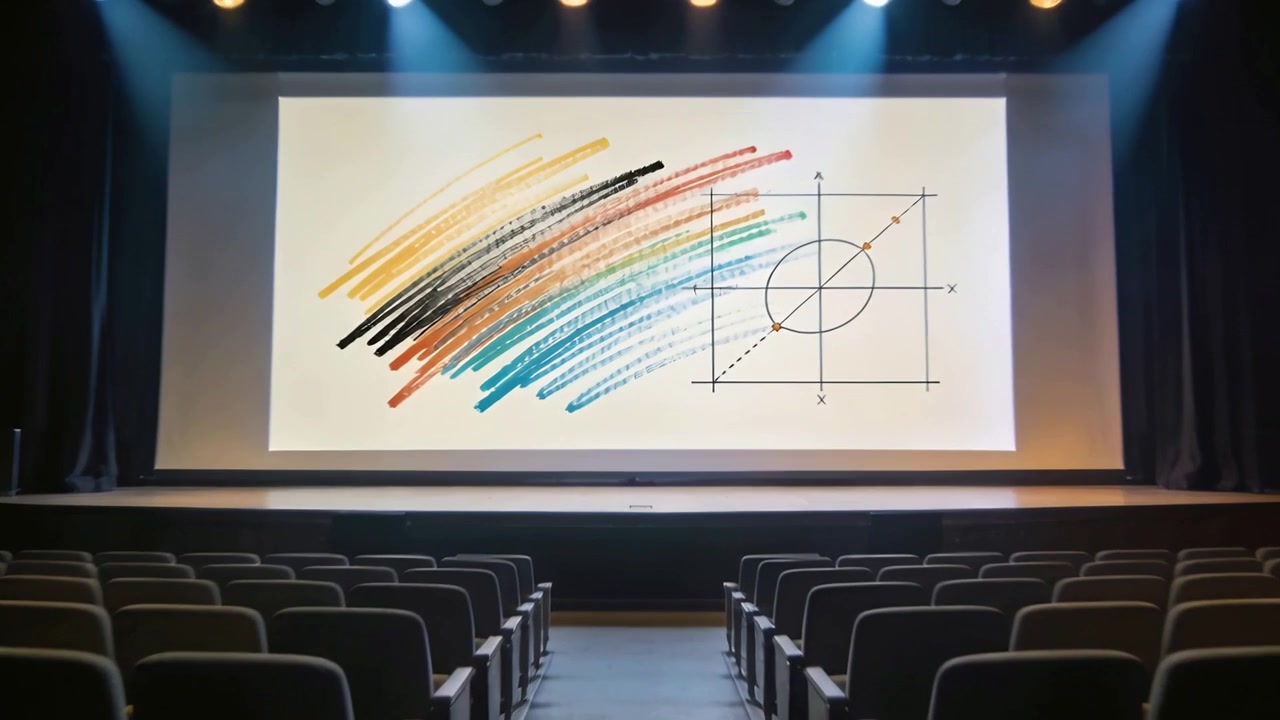 Telecamera che zooma, avvicinandosi allo schermo in un teatro, rivelando pennellate di pigmento e un diagramma