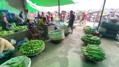a vibrant vegetable market scene filled with bustling activity, colorful displays, and the lively energy of vendors and customers interacting